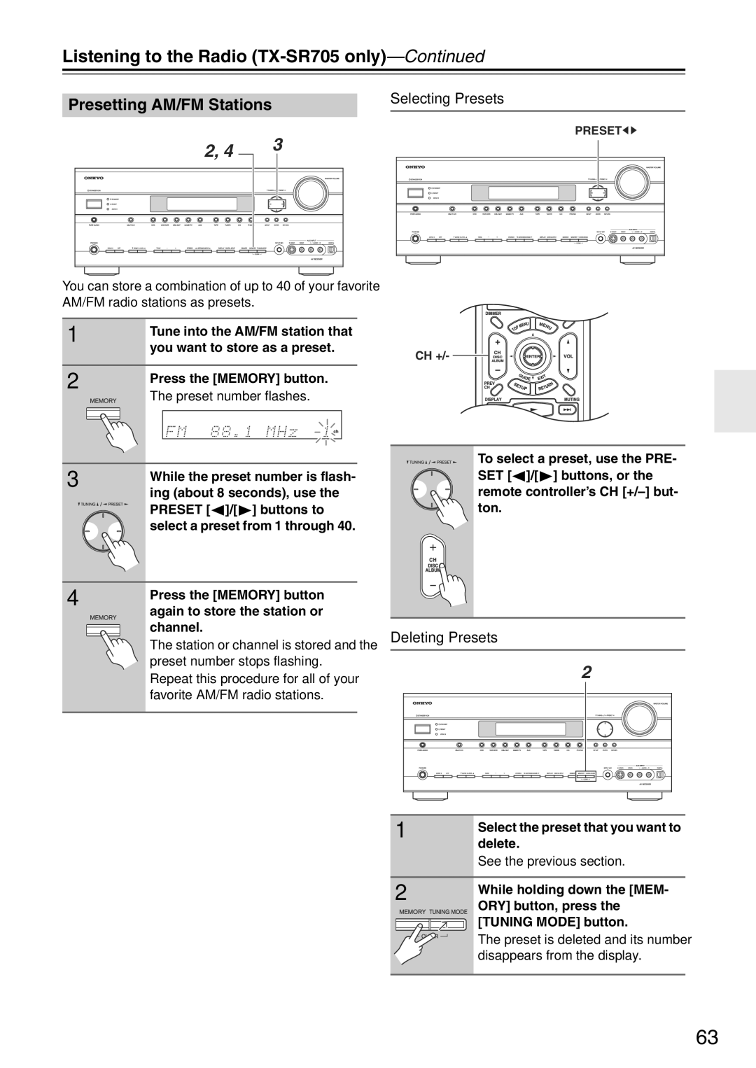 Onkyo TX-SA705 Listening to the Radio TX-SR705 only, Presetting AM/FM Stations, Selecting Presets, Deleting Presets 