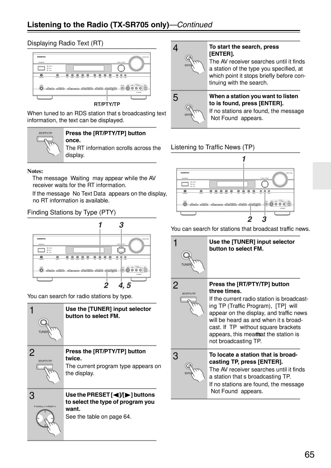 Onkyo TX-SA705 instruction manual Displaying Radio Text RT, Finding Stations by Type PTY, Listening to Traffic News TP 