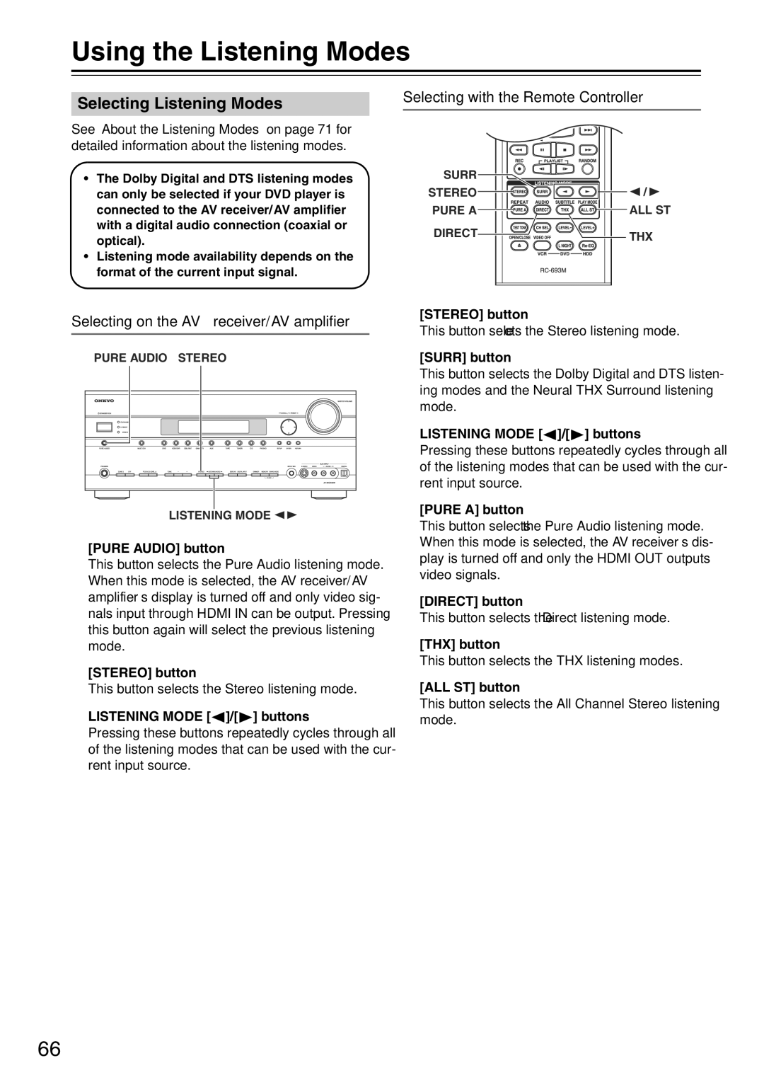 Onkyo TX-SA705 Using the Listening Modes, Selecting Listening Modes, Selecting with the Remote Controller 