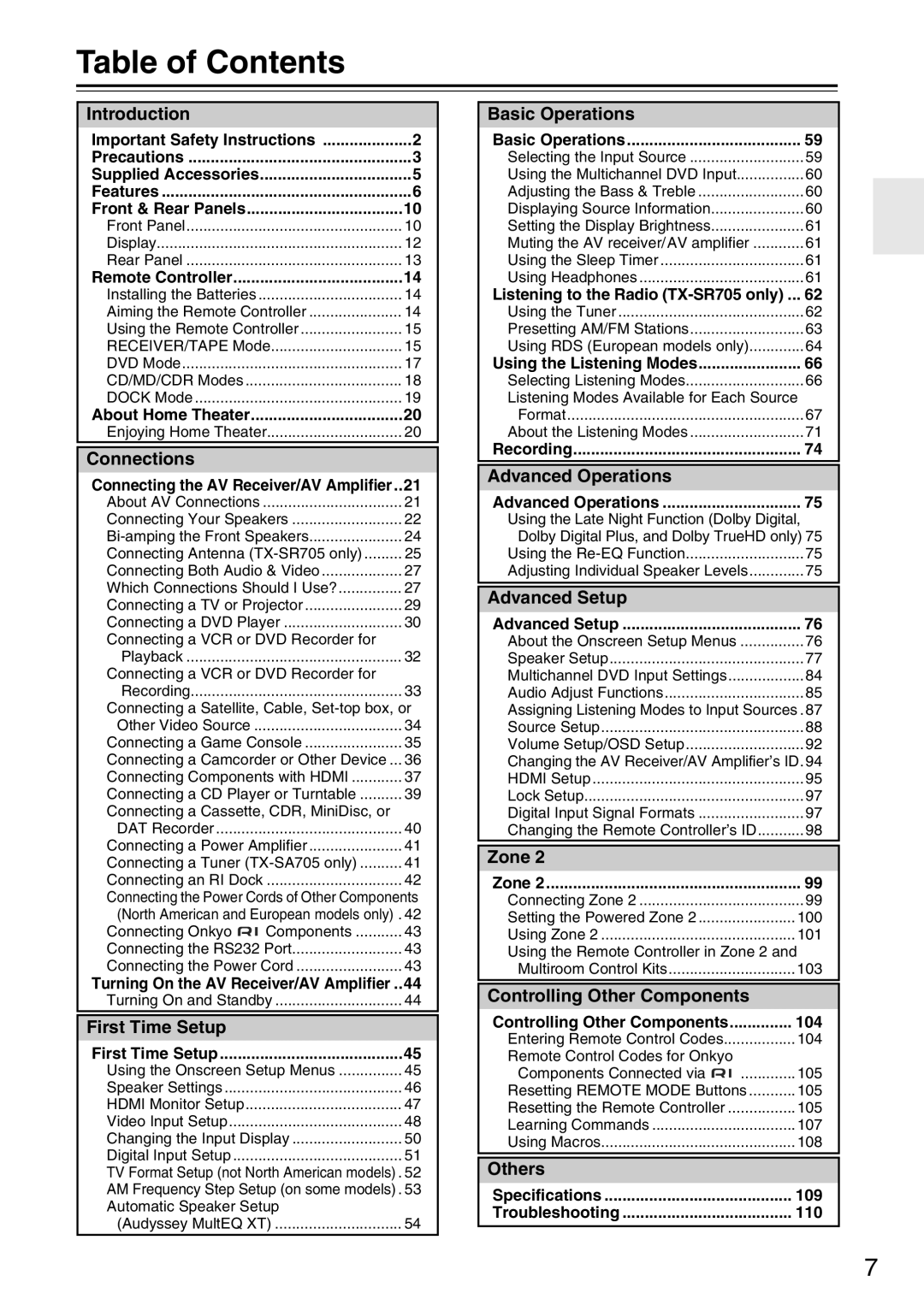 Onkyo TX-SA705 instruction manual Table of Contents 