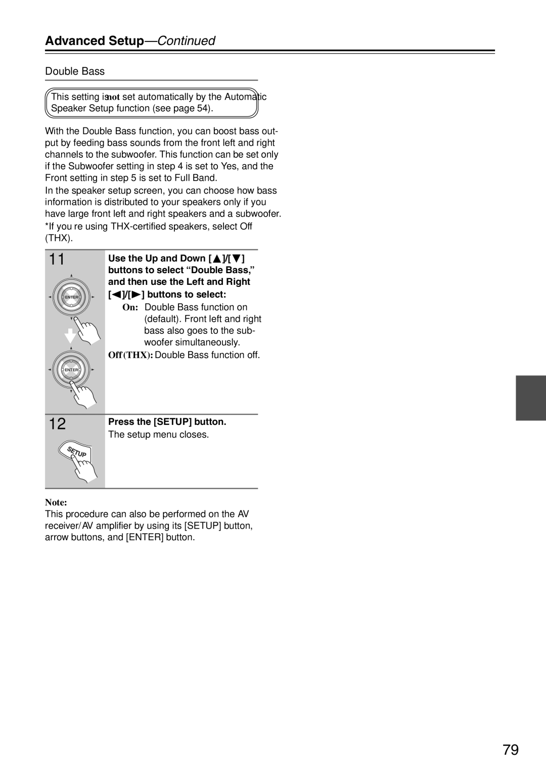 Onkyo TX-SA705 instruction manual Double Bass, Setup menu closes 