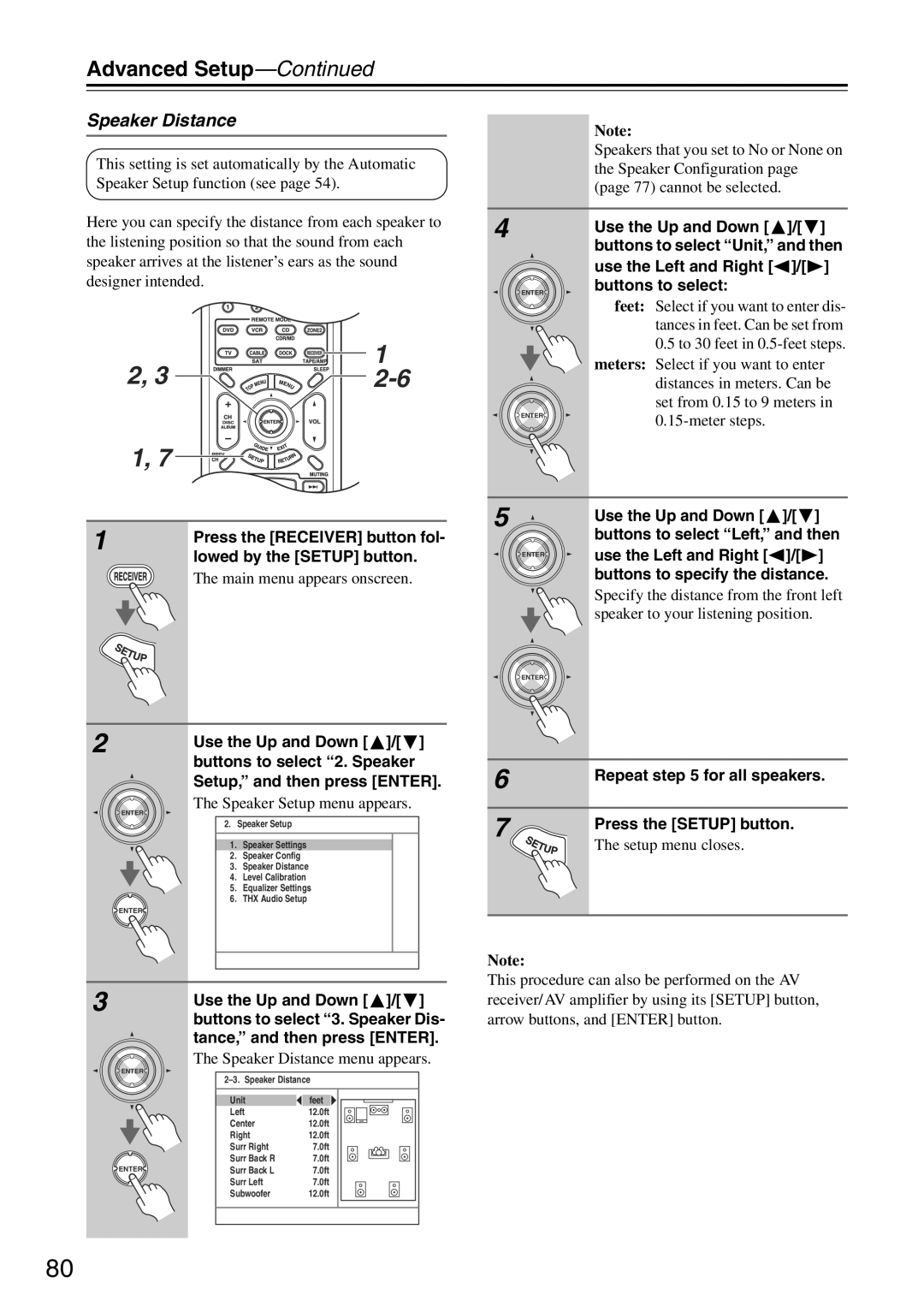 Onkyo TX-SA705 instruction manual Speaker Distance, Use the Left and Right Buttons to specify the distance 