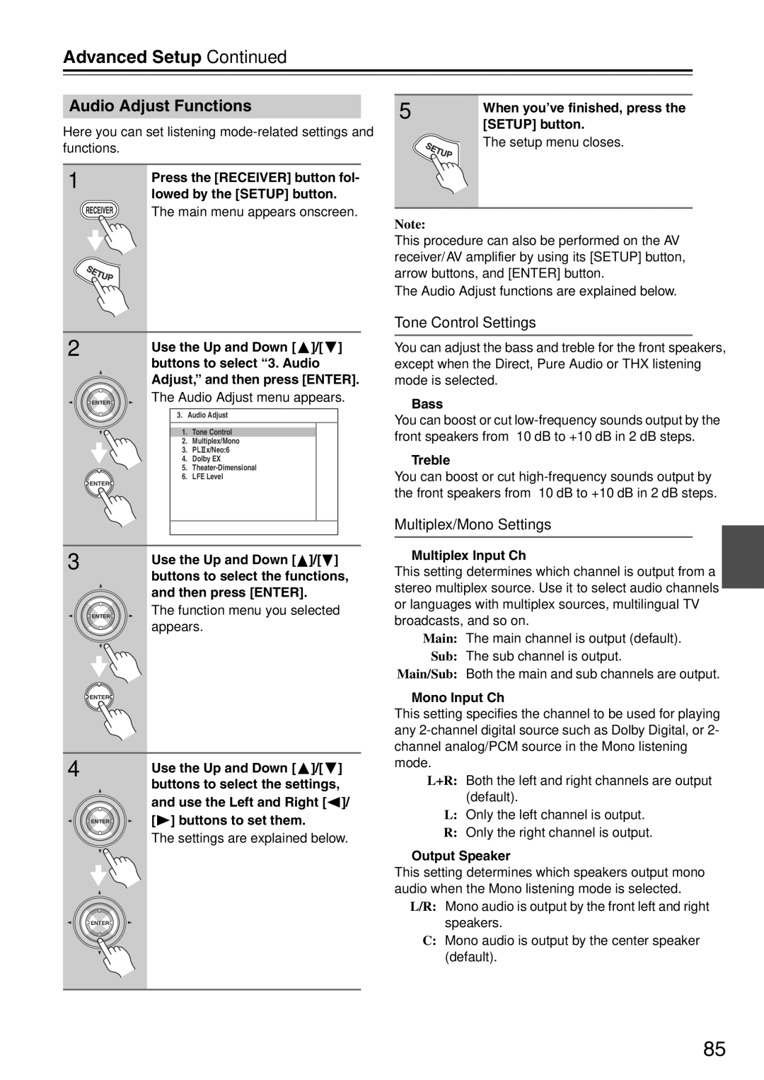 Onkyo TX-SA705 instruction manual Audio Adjust Functions, Tone Control Settings, Multiplex/Mono Settings 