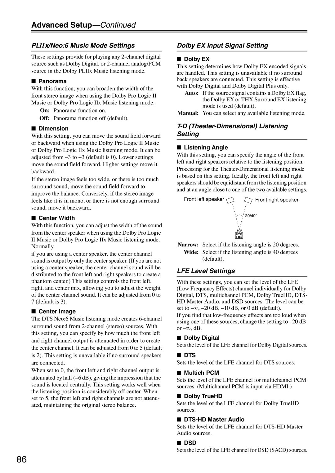 Onkyo TX-SA705 PLIIx/Neo6 Music Mode Settings, Dolby EX Input Signal Setting, Theater-Dimensional Listening Setting 