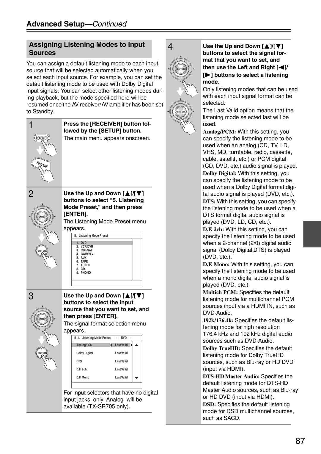 Onkyo TX-SA705 instruction manual Assigning Listening Modes to Input Sources, Listening Mode Preset menu appears 