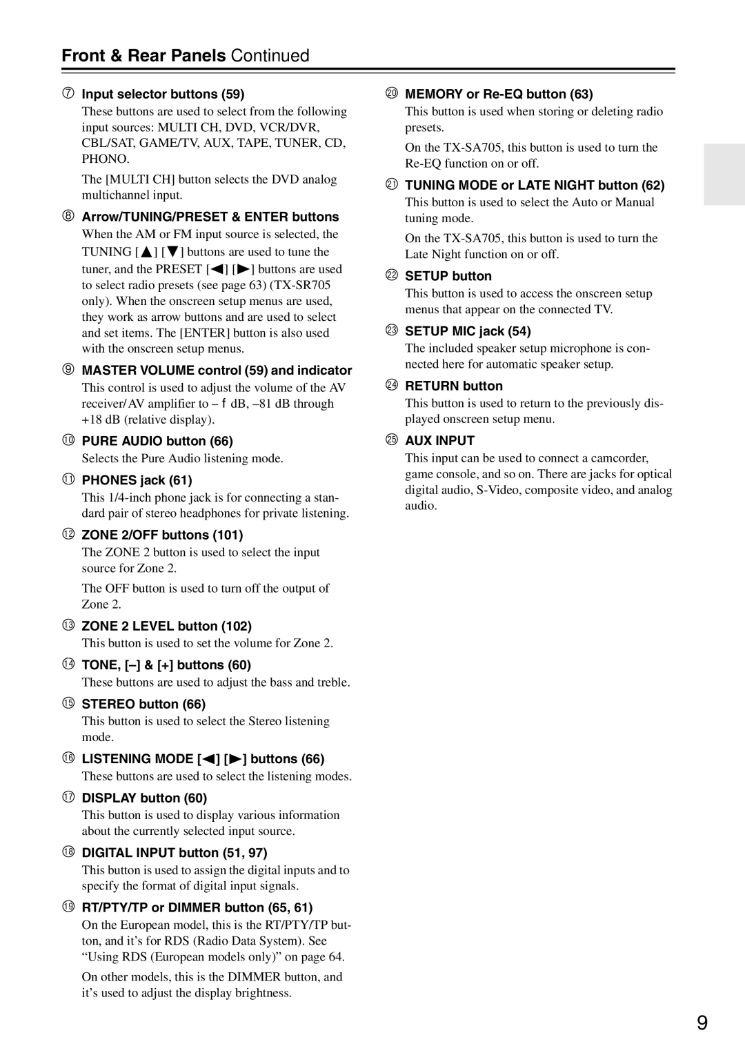 Onkyo TX-SA705 instruction manual Front & Rear Panels 