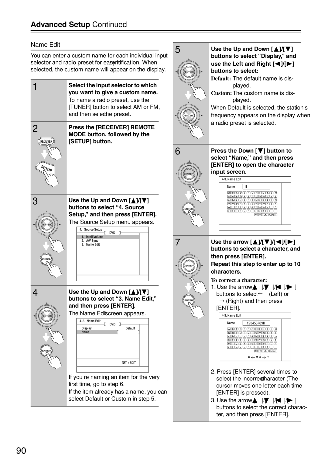 Onkyo TX-SA705 instruction manual To correct a character, Name Edit screen appears 