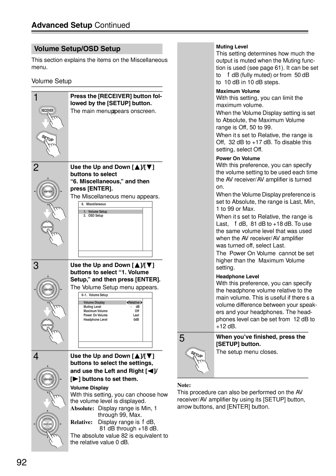 Onkyo TX-SA705 instruction manual Volume Setup/OSD Setup, This section explains the items on the Miscellaneous menu 