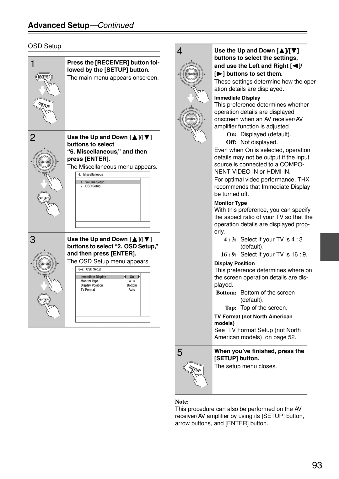 Onkyo TX-SA705 instruction manual OSD Setup, See TV Format Setup not North American models on 