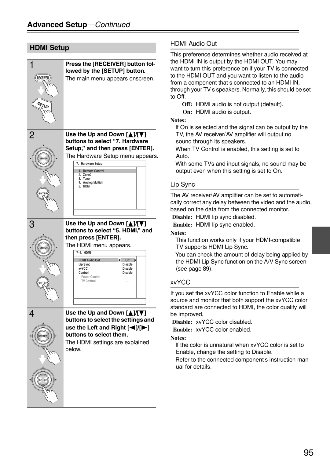 Onkyo TX-SA705 instruction manual Hdmi Setup, Hdmi Audio Out, Lip Sync, XvYCC, Buttons to select them 