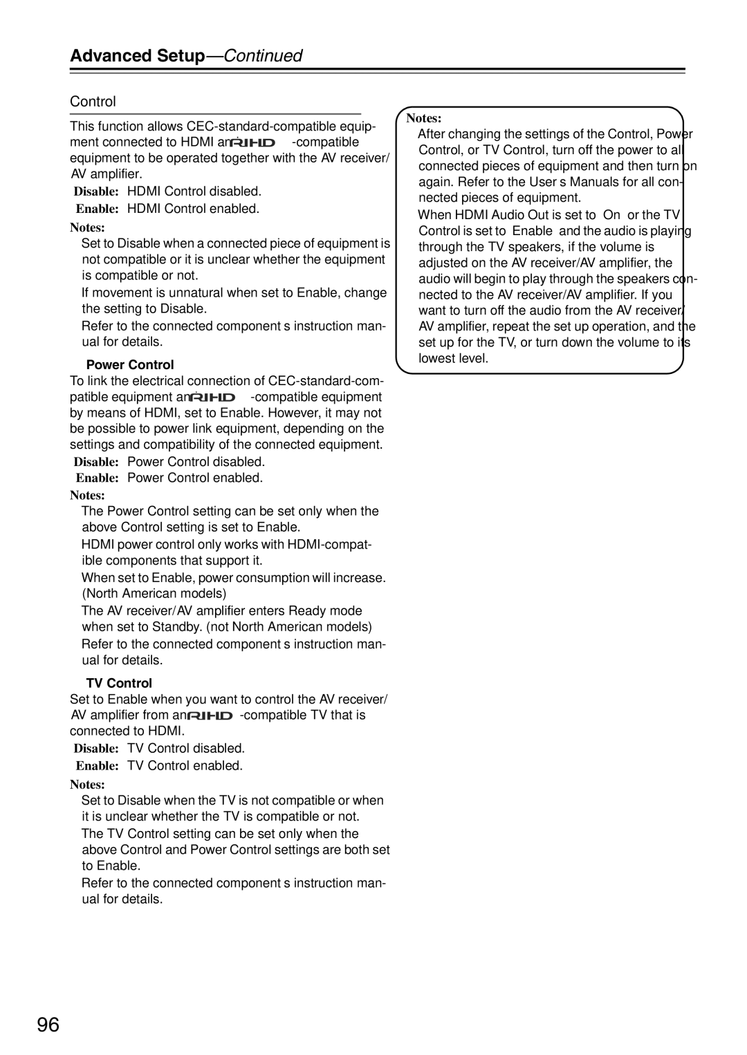 Onkyo TX-SA705 instruction manual Power Control, TV Control 