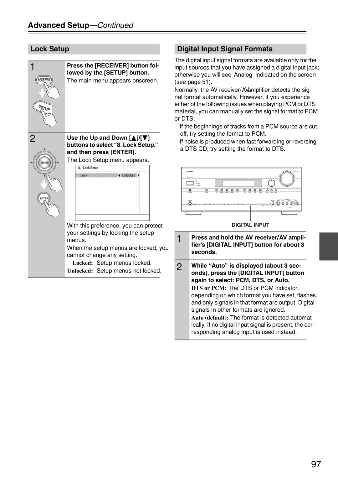 Onkyo TX-SA705 Digital Input Signal Formats, Off, try setting the format to PCM, Lock Setup menu appears 