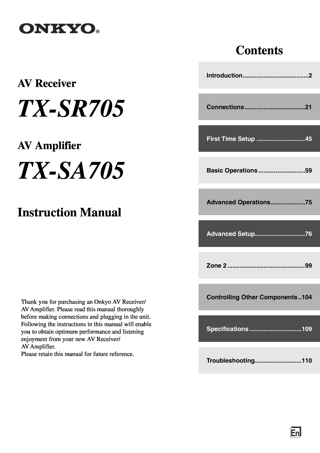 Onkyo TX-SA705 instruction manual TX-SR705, Instruction Manual, Contents, AV Receiver, AV Amplifier 