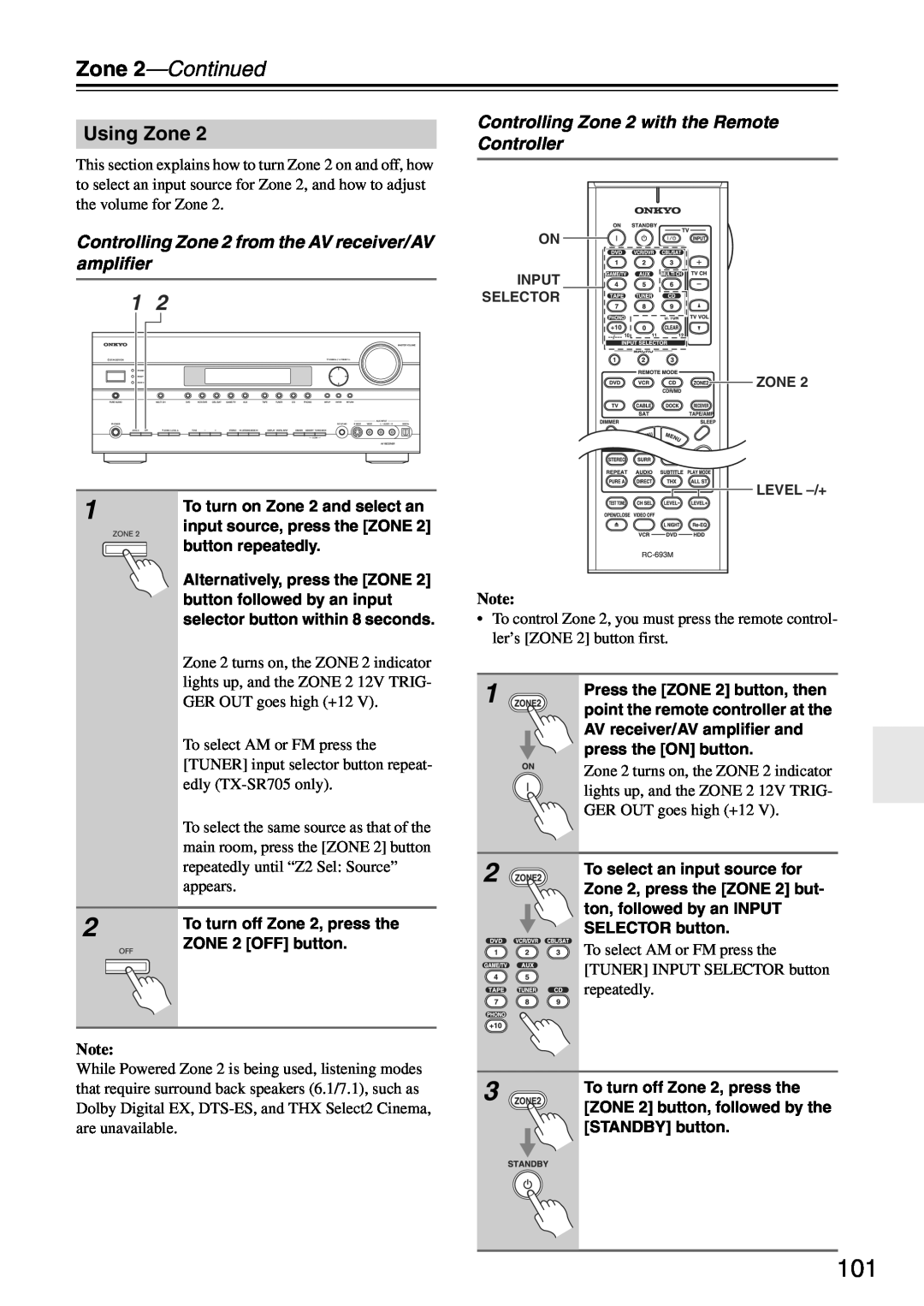 Onkyo TX-SA705 instruction manual Zone 2—Continued, Using Zone, Controlling Zone 2 with the Remote Controller 