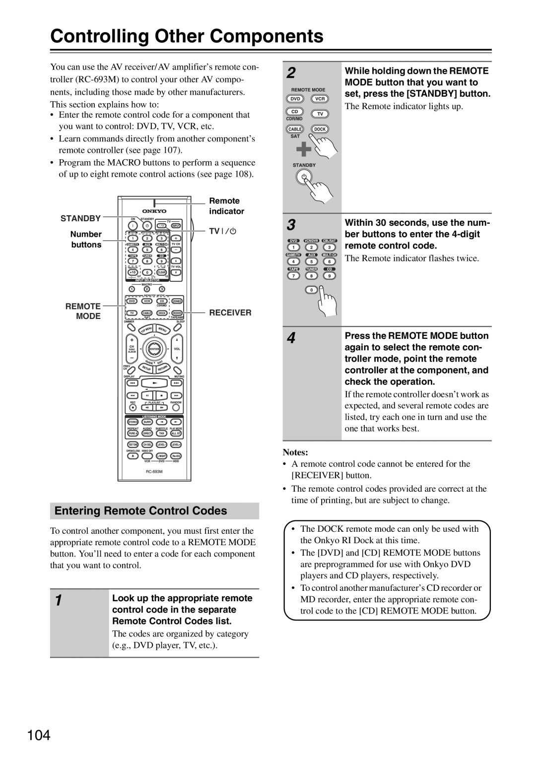 Onkyo TX-SA705 instruction manual Controlling Other Components, Entering Remote Control Codes, Notes 