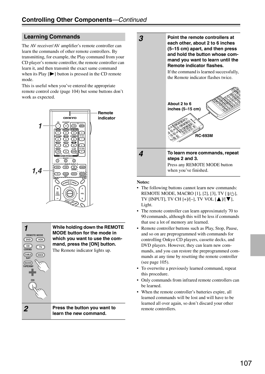 Onkyo TX-SA705 instruction manual Controlling Other Components—Continued, Learning Commands, Notes 