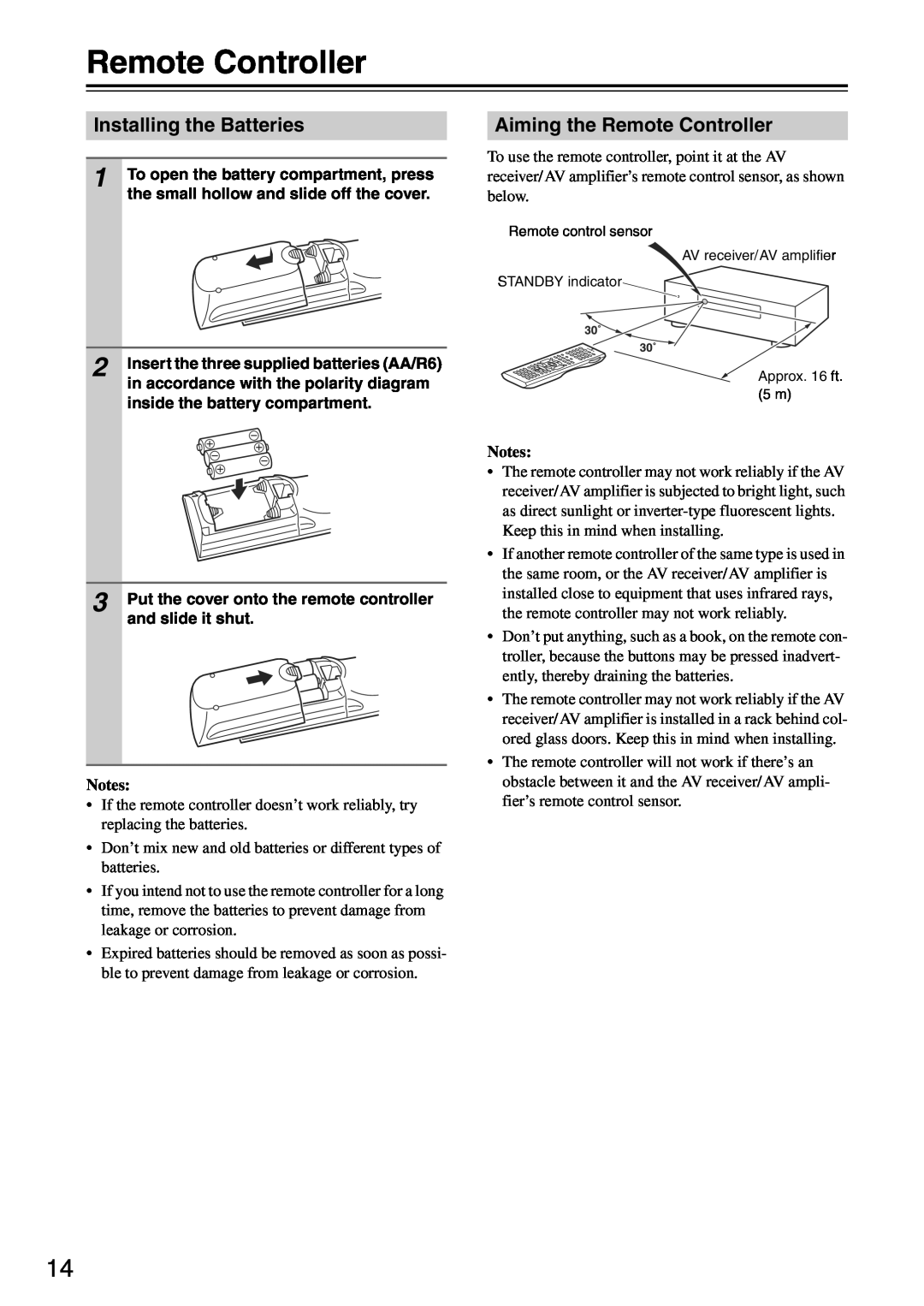 Onkyo TX-SA705 instruction manual Installing the Batteries, Aiming the Remote Controller, Notes 