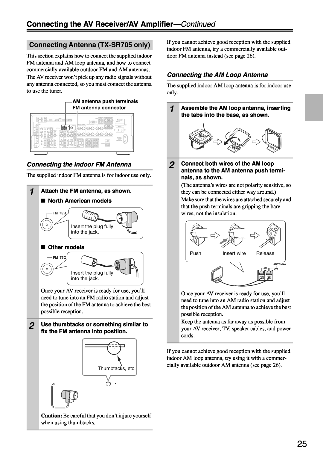 Onkyo TX-SA705 instruction manual Connecting the AV Receiver/AV Amplifier—Continued, Connecting Antenna TX-SR705only 