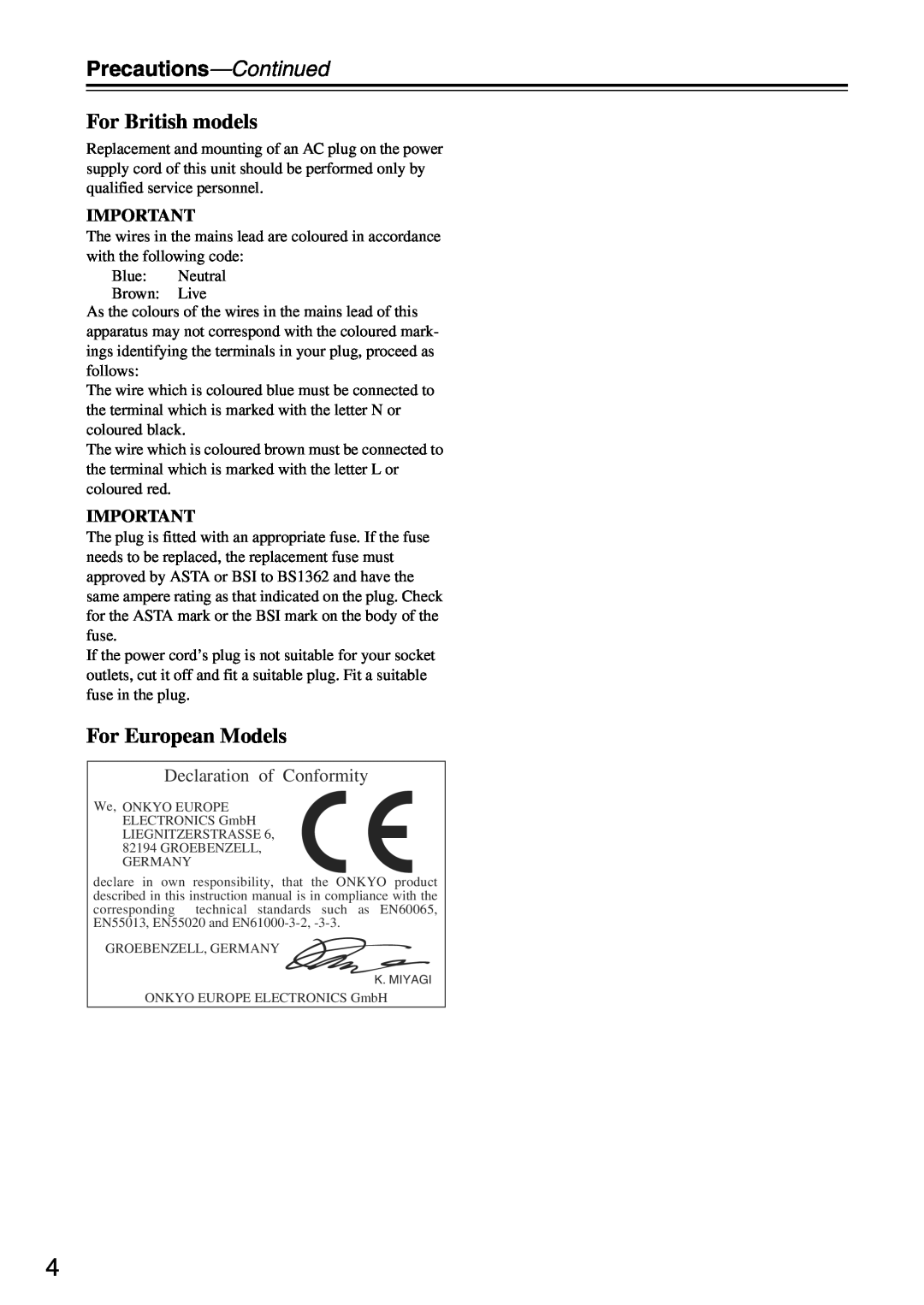 Onkyo TX-SA705 instruction manual Precautions—Continued, For British models, For European Models, Declaration of Conformity 