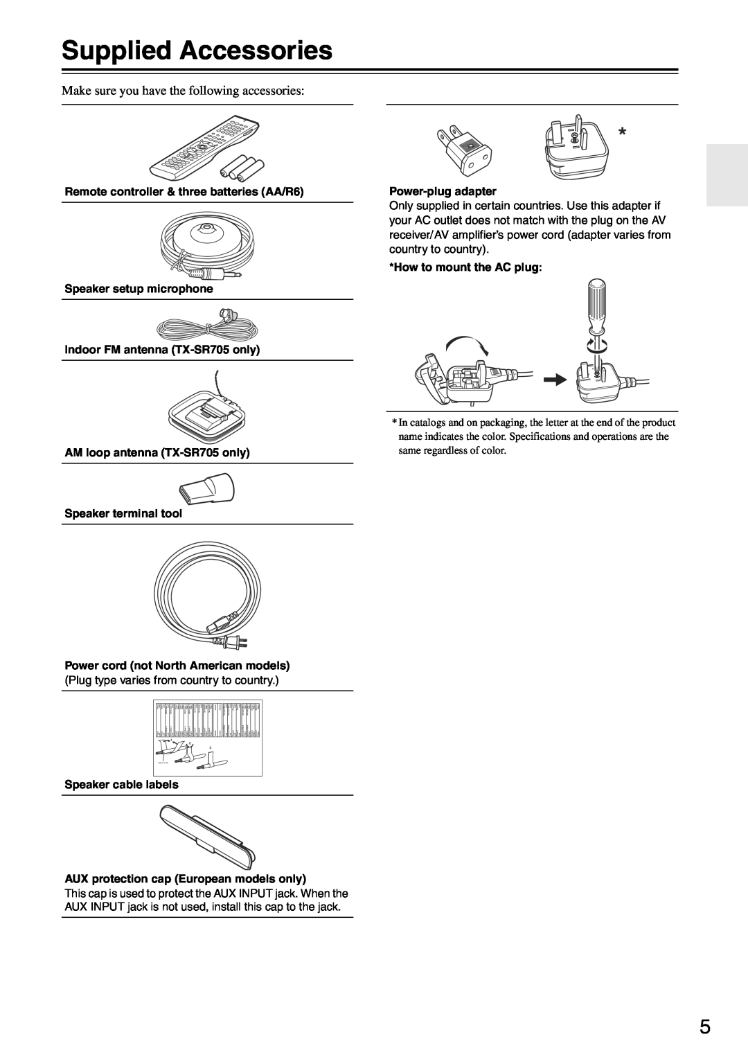 Onkyo TX-SA705 instruction manual Supplied Accessories, Make sure you have the following accessories 