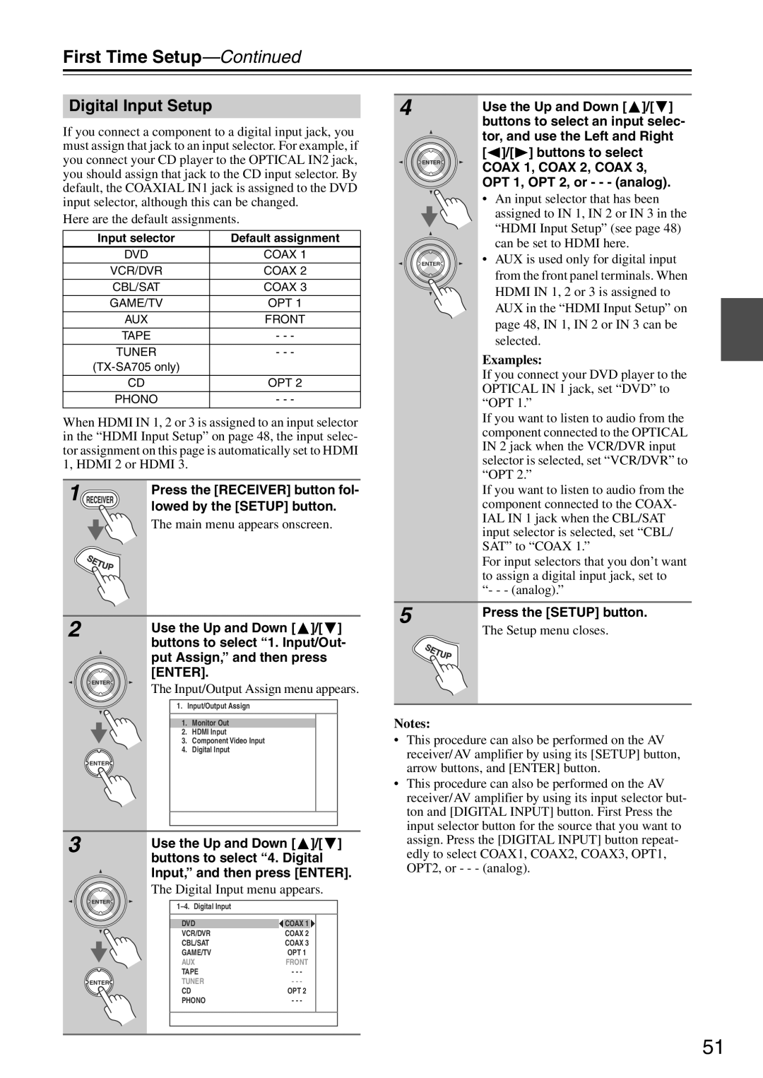 Onkyo TX-SA705 instruction manual First Time Setup—Continued, Digital Input Setup, Examples, Notes 