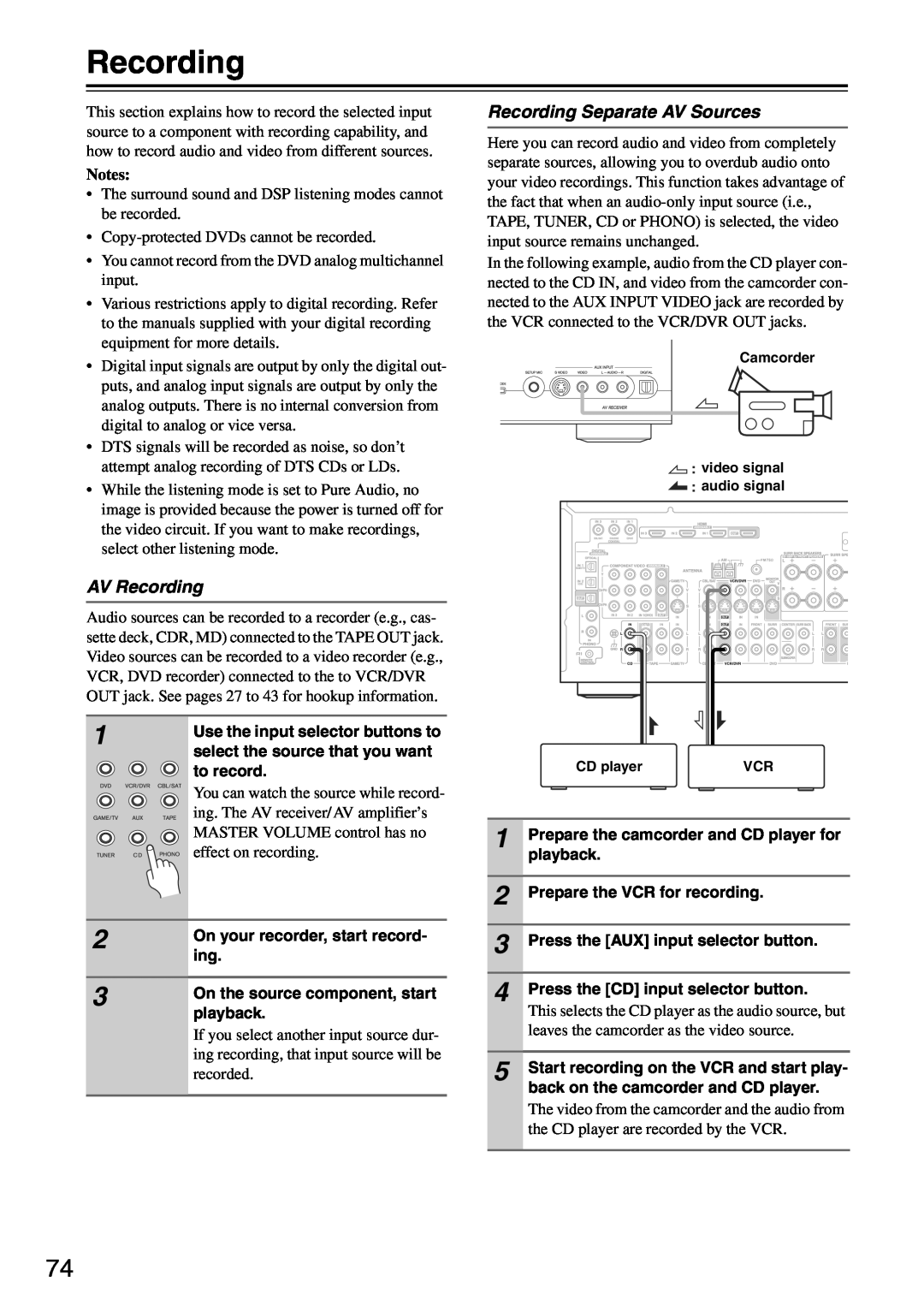 Onkyo TX-SA705 instruction manual AV Recording, Recording Separate AV Sources, Notes 