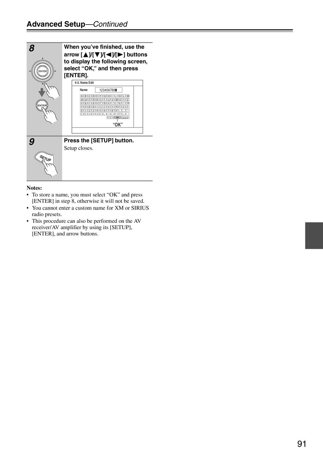 Onkyo TX-SA705 instruction manual Advanced Setup—Continued, 9Press the SETUP button, Notes 