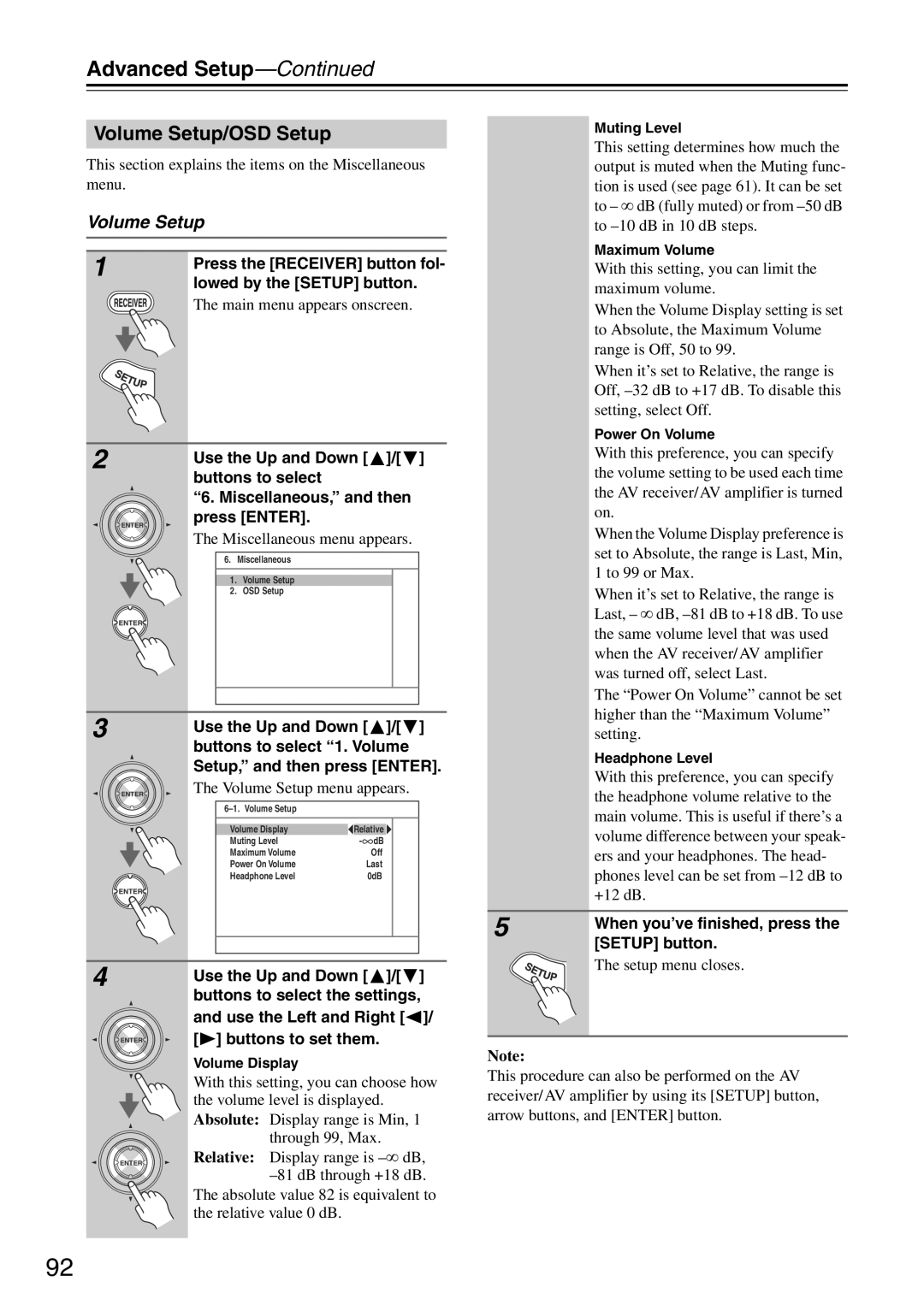 Onkyo TX-SA705 instruction manual Advanced Setup—Continued, Volume Setup/OSD Setup 