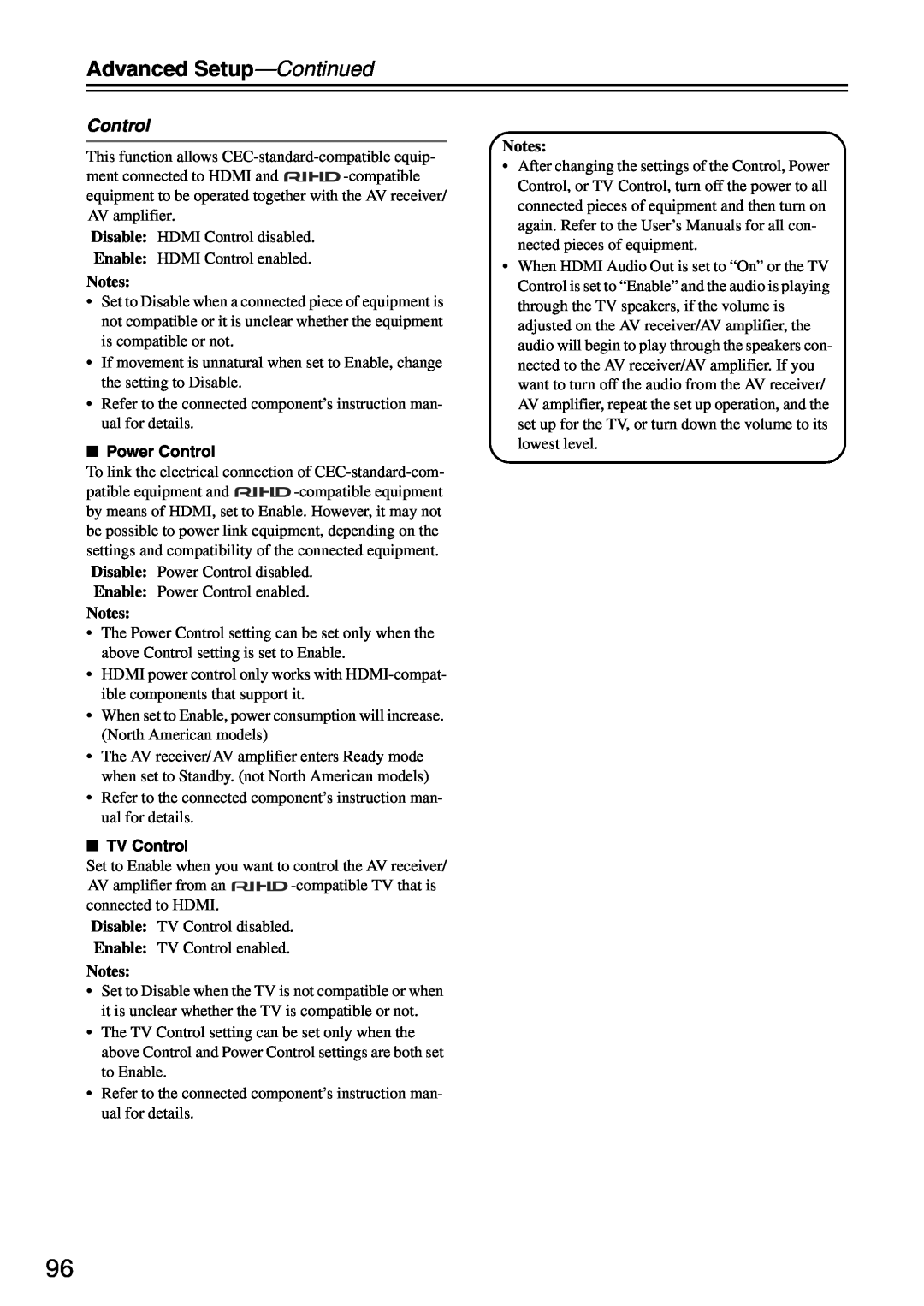 Onkyo TX-SA705 instruction manual Advanced Setup—Continued, Control, Notes 