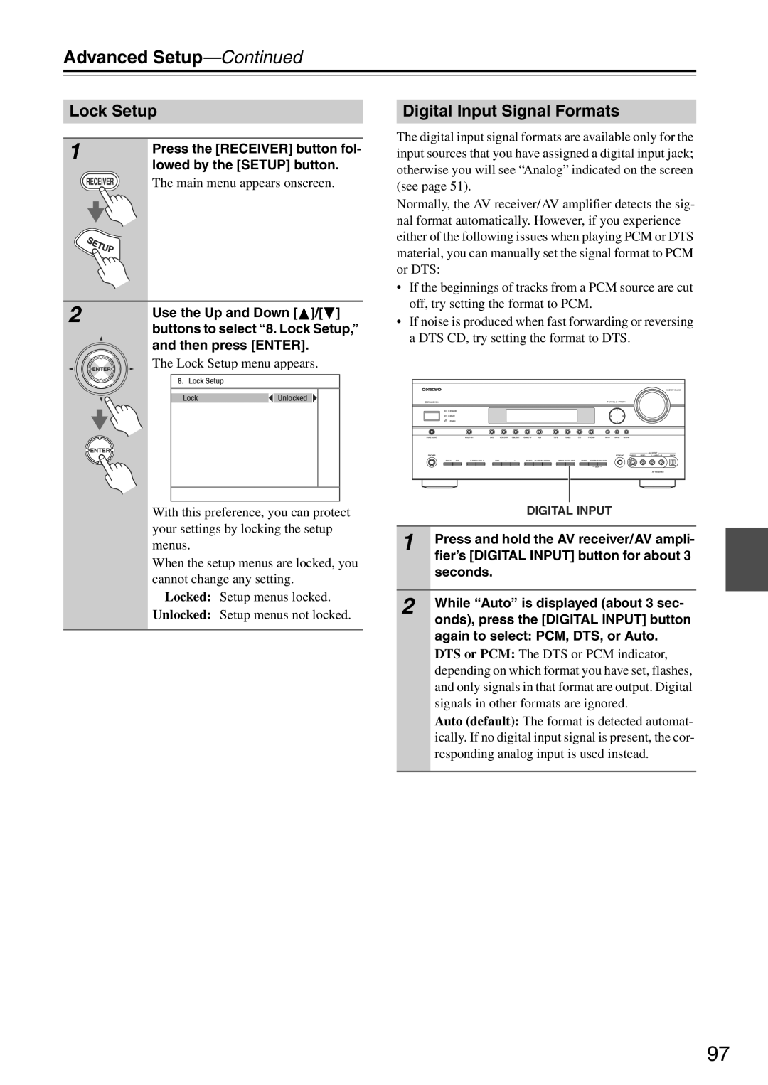 Onkyo TX-SA705 instruction manual Advanced Setup—Continued, Lock Setup, Digital Input Signal Formats 
