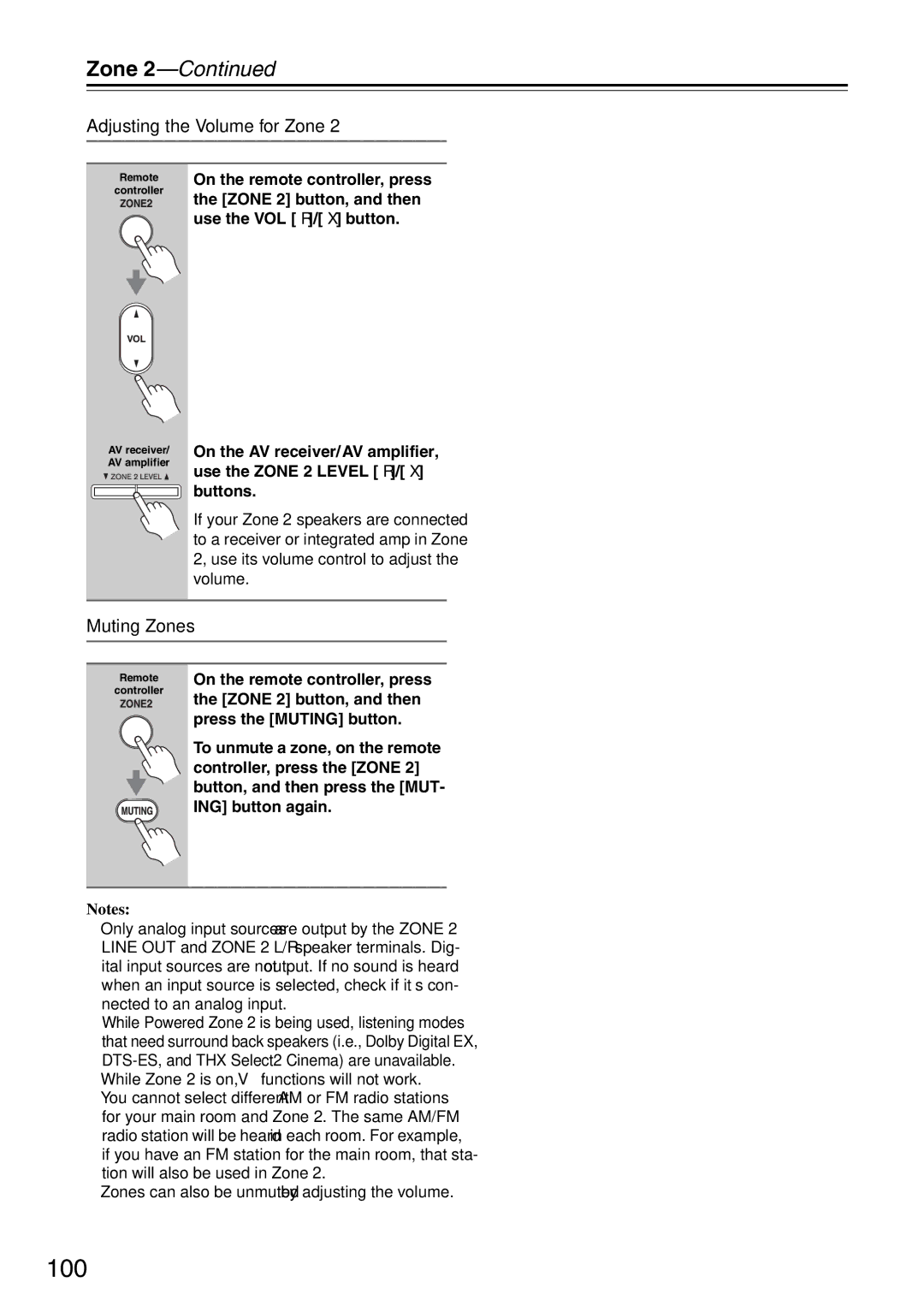 Onkyo TX-SA706 instruction manual 100, Adjusting the Volume for Zone, Muting Zones 