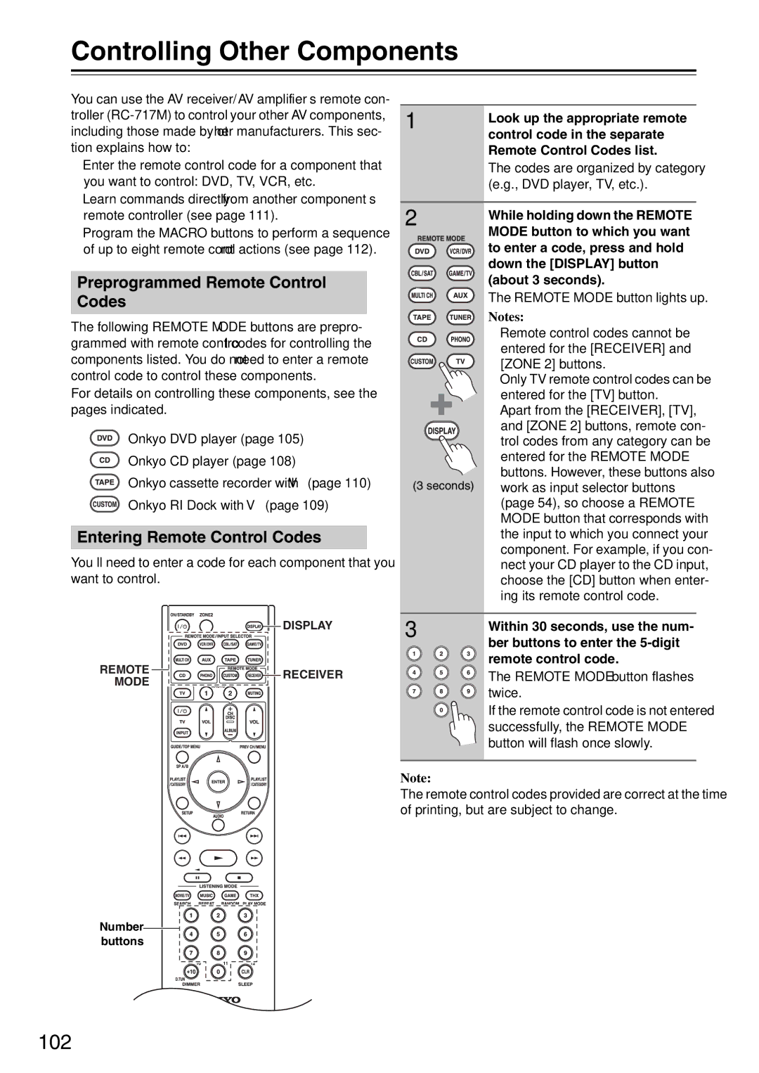 Onkyo TX-SA706 Controlling Other Components, 102, Preprogrammed Remote Control Codes, Entering Remote Control Codes 