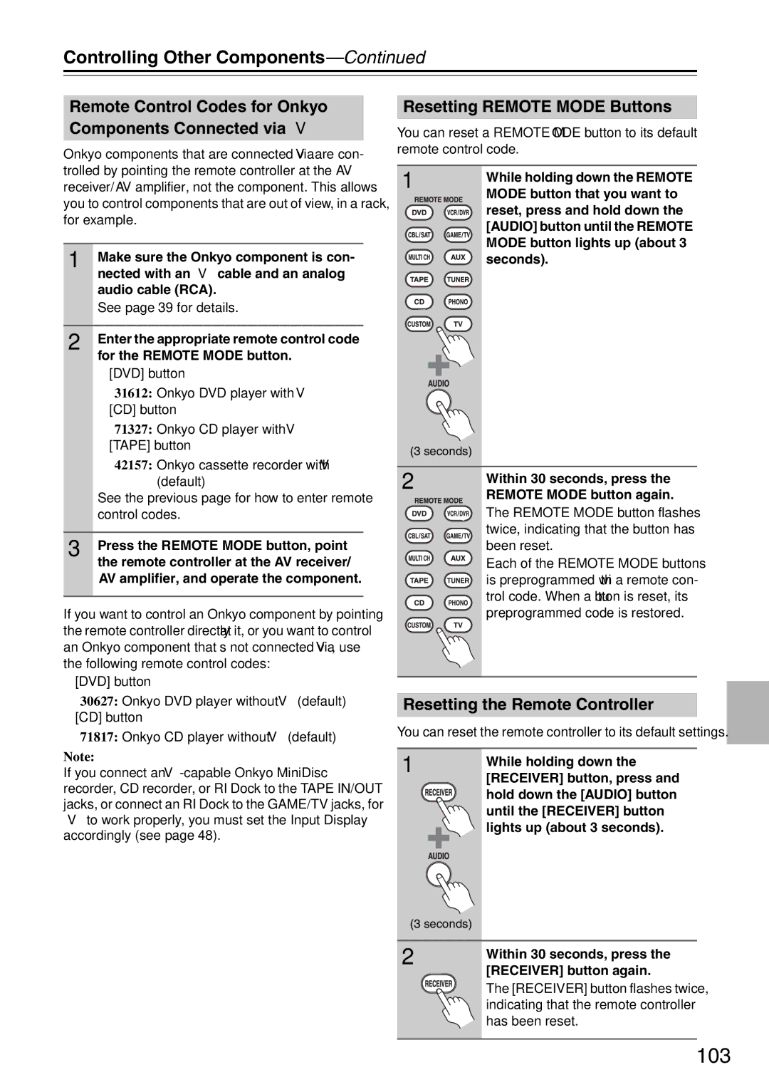 Onkyo TX-SA706 103, Controlling Other Components, Remote Control Codes for Onkyo Components Connected via u 