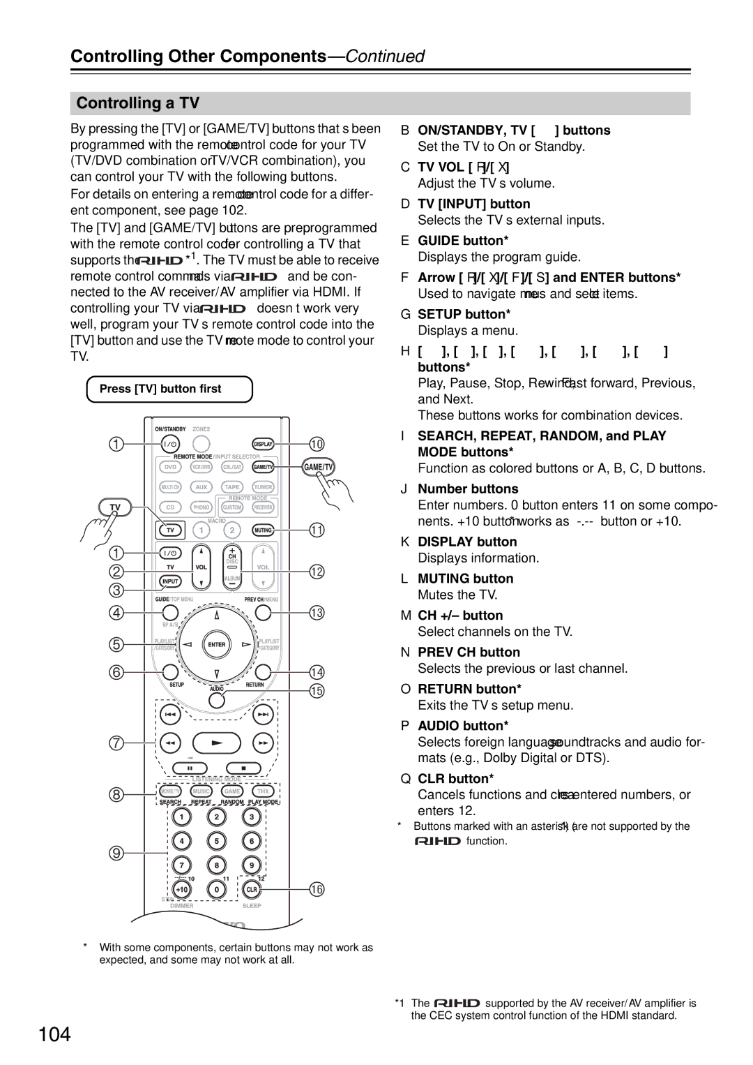 Onkyo TX-SA706 instruction manual 104, Controlling a TV 