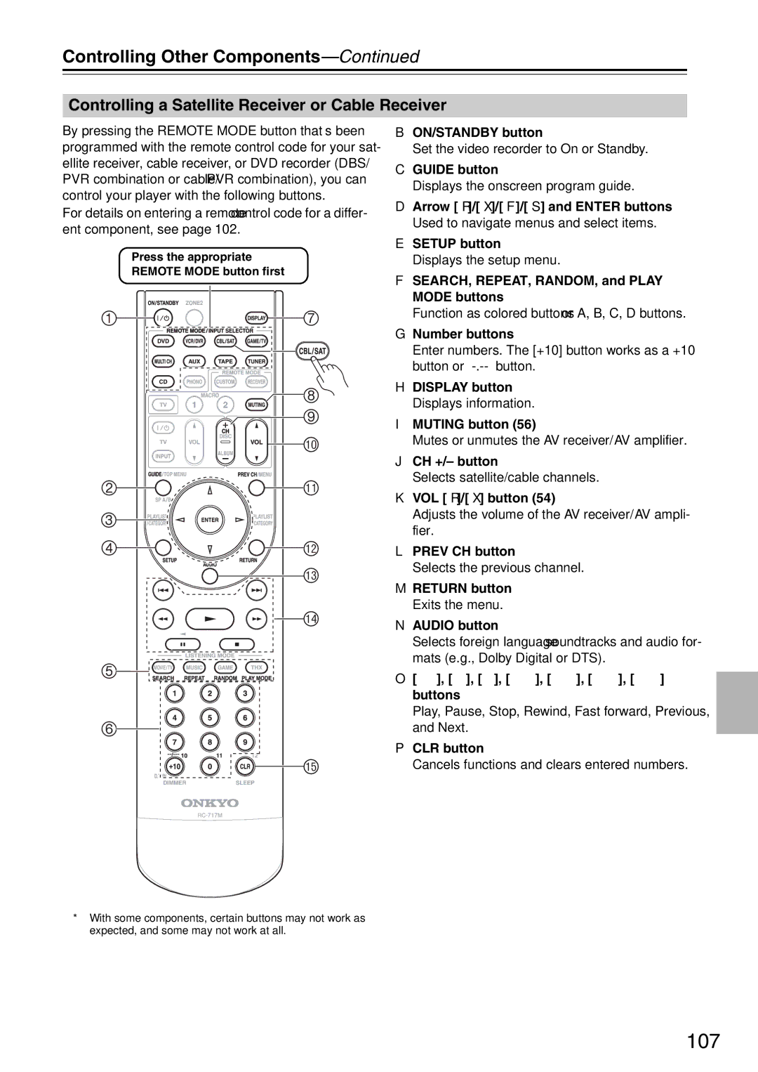 Onkyo TX-SA706 instruction manual 107, Controlling a Satellite Receiver or Cable Receiver 