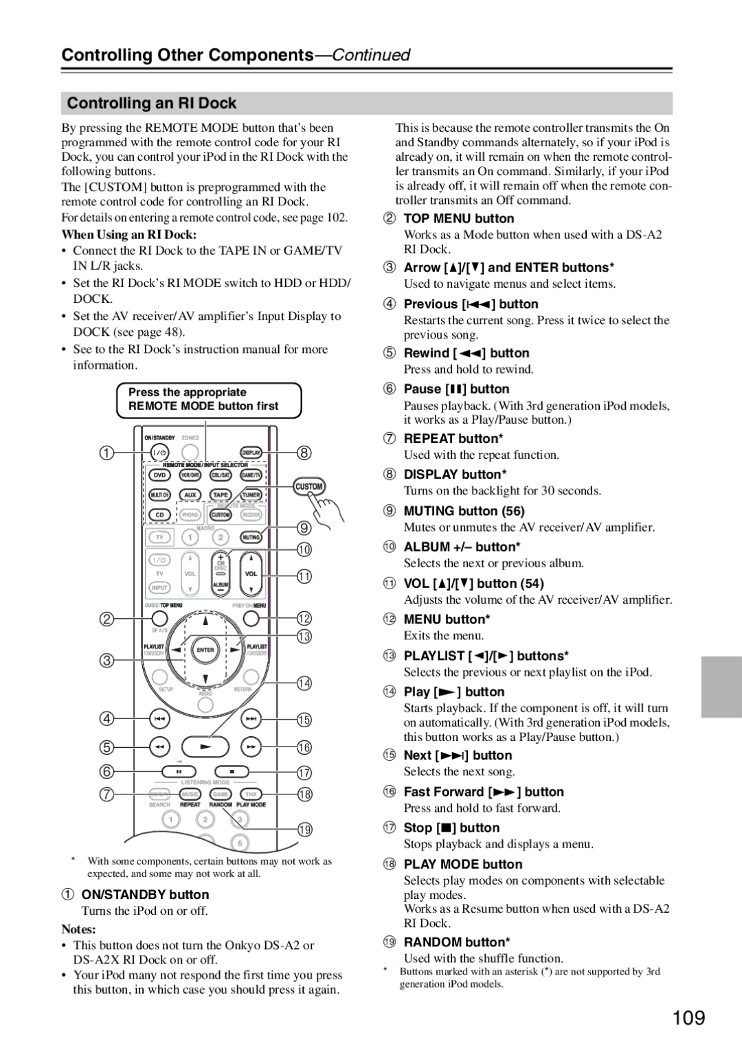 Onkyo TX-SA706 instruction manual 109, Controlling an RI Dock 