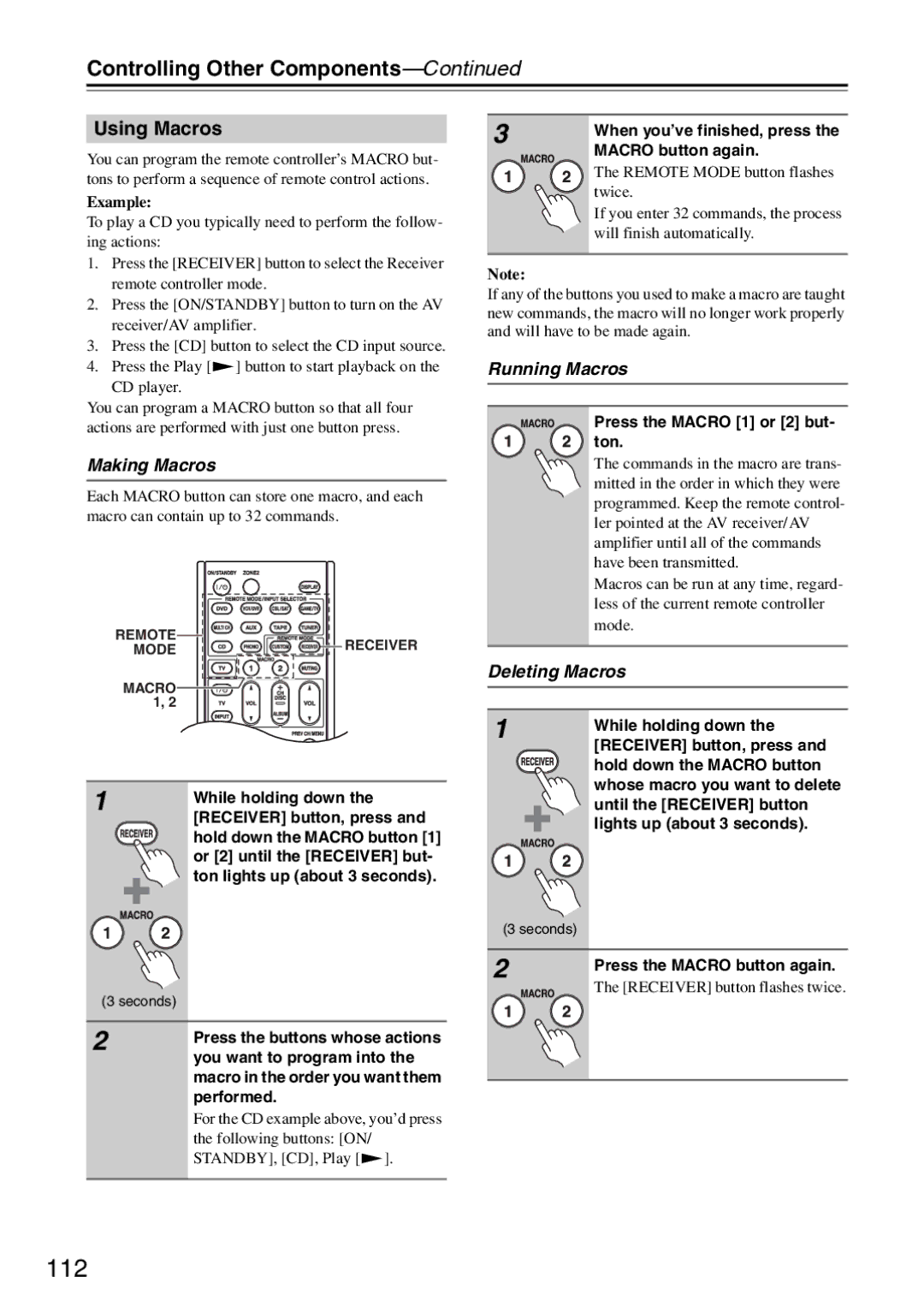 Onkyo TX-SA706 instruction manual 112, Using Macros, Making Macros, Running Macros, Deleting Macros 