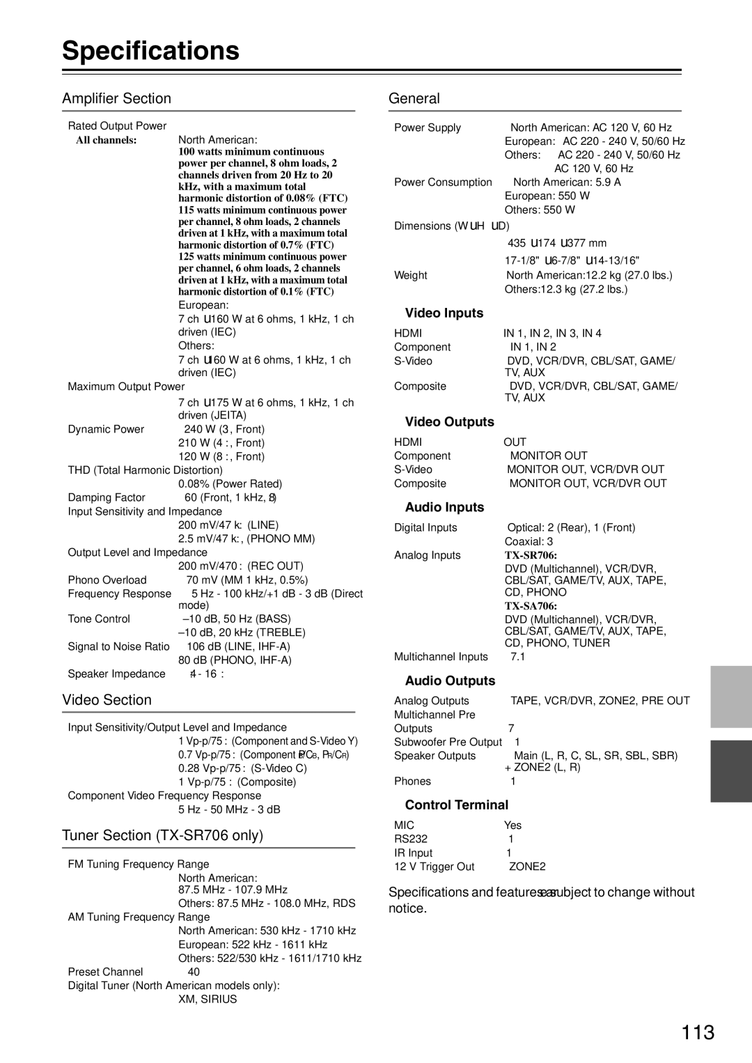 Onkyo TX-SA706 instruction manual Specifications, 113 