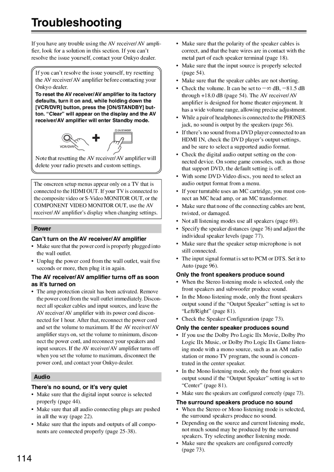 Onkyo TX-SA706 instruction manual Troubleshooting, 114 