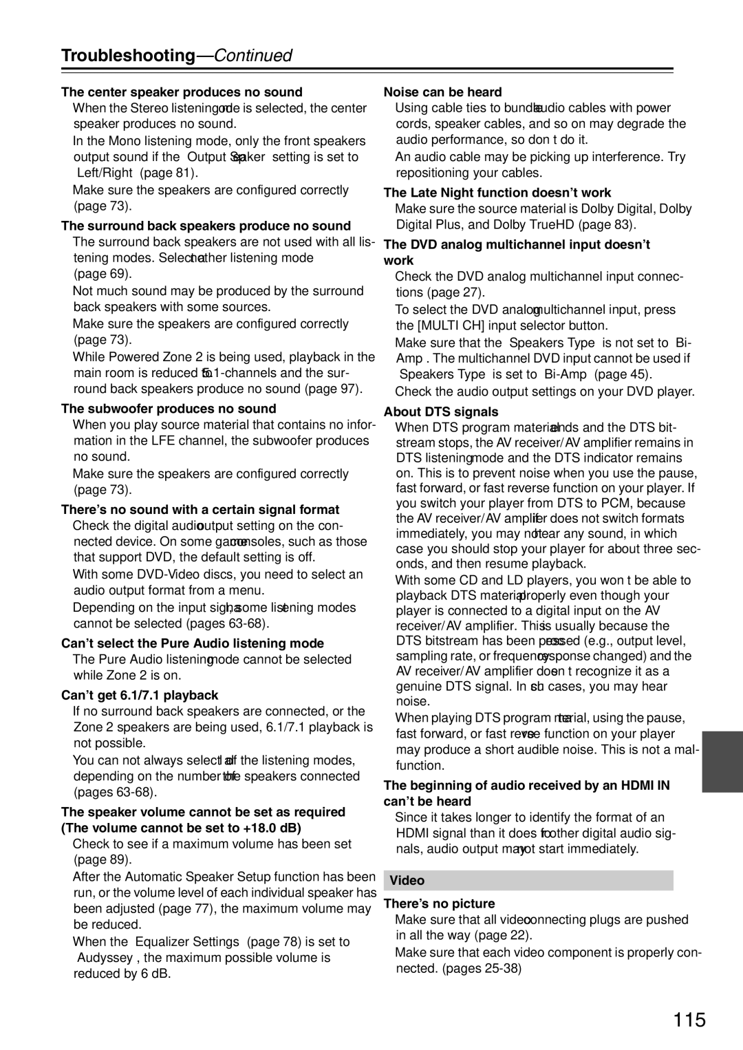 Onkyo TX-SA706 instruction manual 115, Troubleshooting 