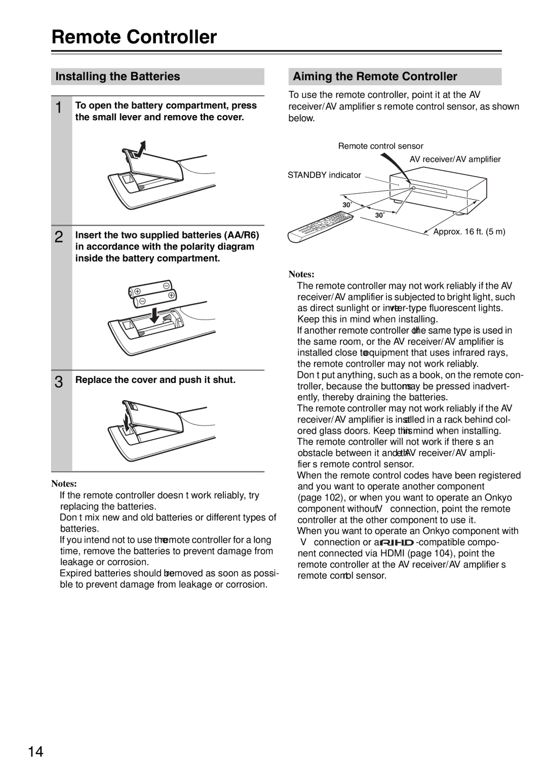 Onkyo TX-SA706 instruction manual Installing the Batteries, Aiming the Remote Controller 