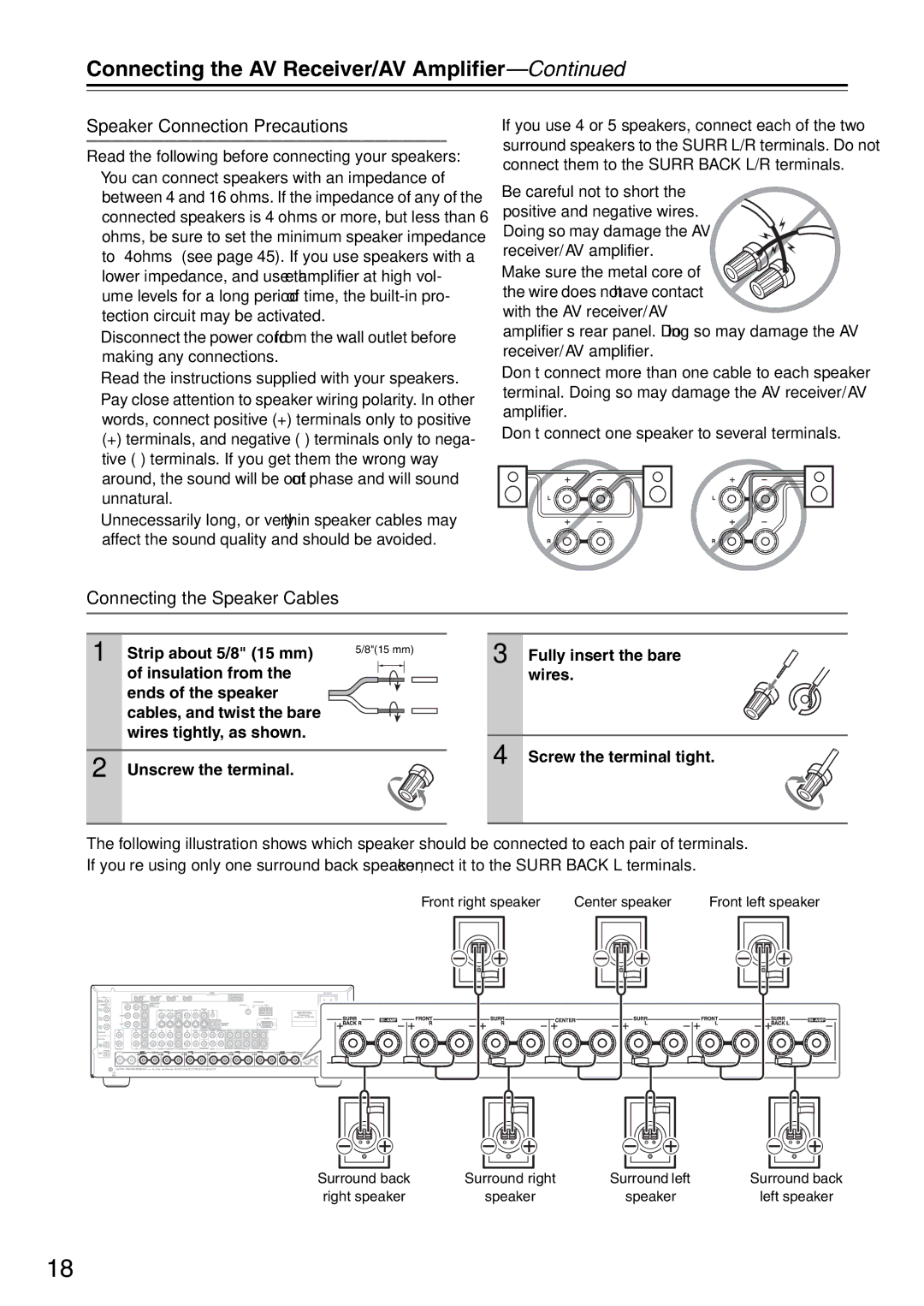 Onkyo TX-SA706 Connecting the AV Receiver/AV Amplifier, Speaker Connection Precautions, Connecting the Speaker Cables 