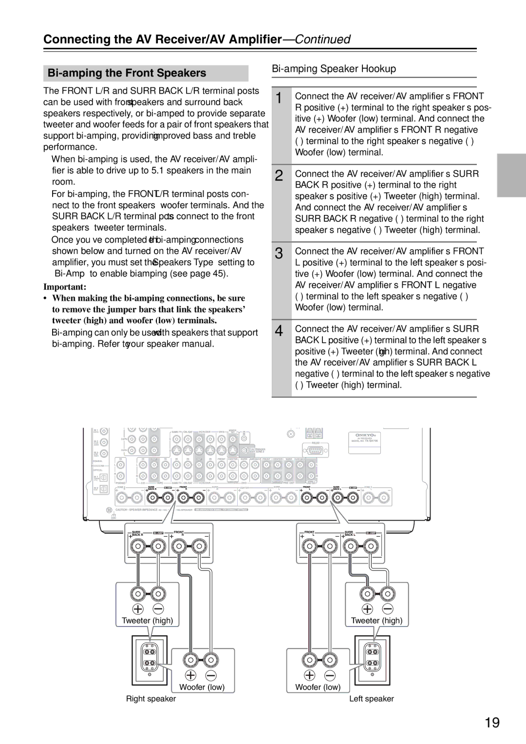 Onkyo TX-SA706 instruction manual Bi-amping the Front Speakers, Bi-amping Speaker Hookup, Tweeter high terminal 