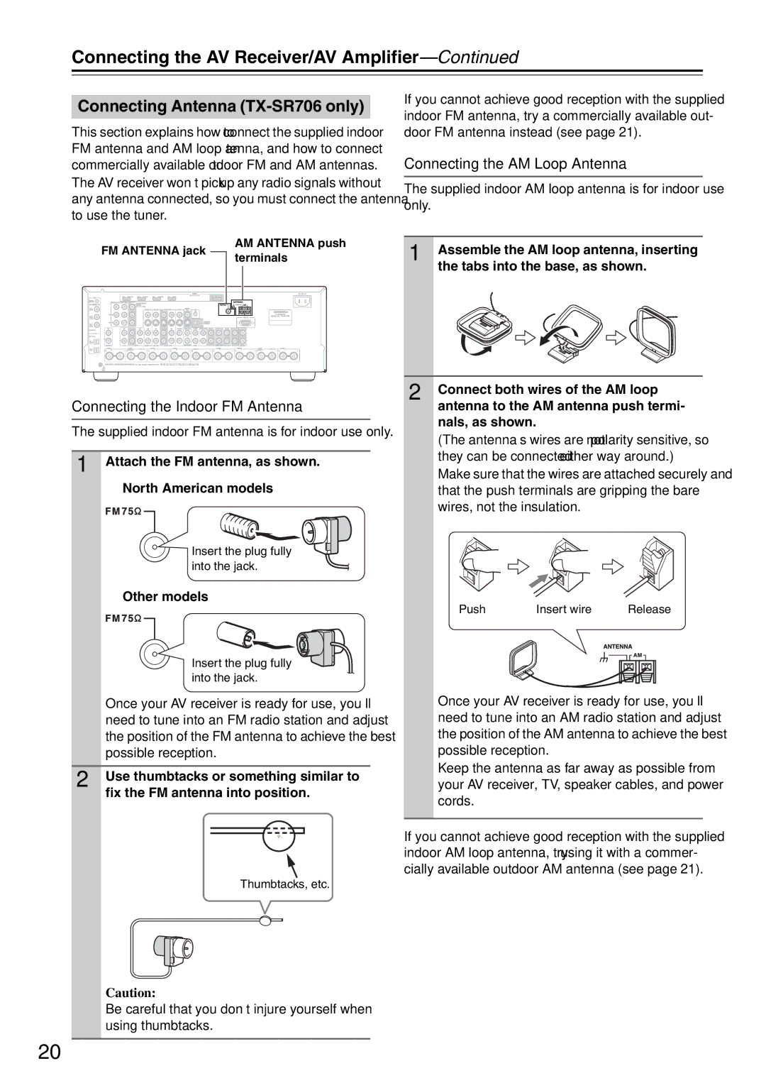 Onkyo TX-SA706 Connecting Antenna TX-SR706 only, Connecting the AM Loop Antenna, Connecting the Indoor FM Antenna 