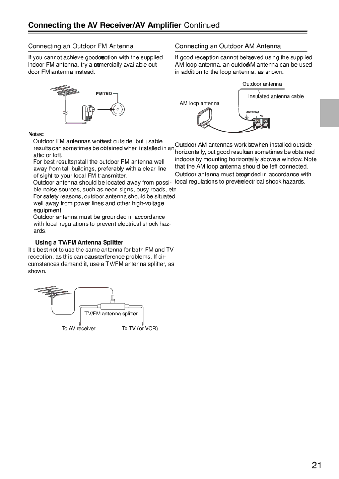 Onkyo TX-SA706 Connecting an Outdoor FM Antenna, Connecting an Outdoor AM Antenna, Using a TV/FM Antenna Splitter 