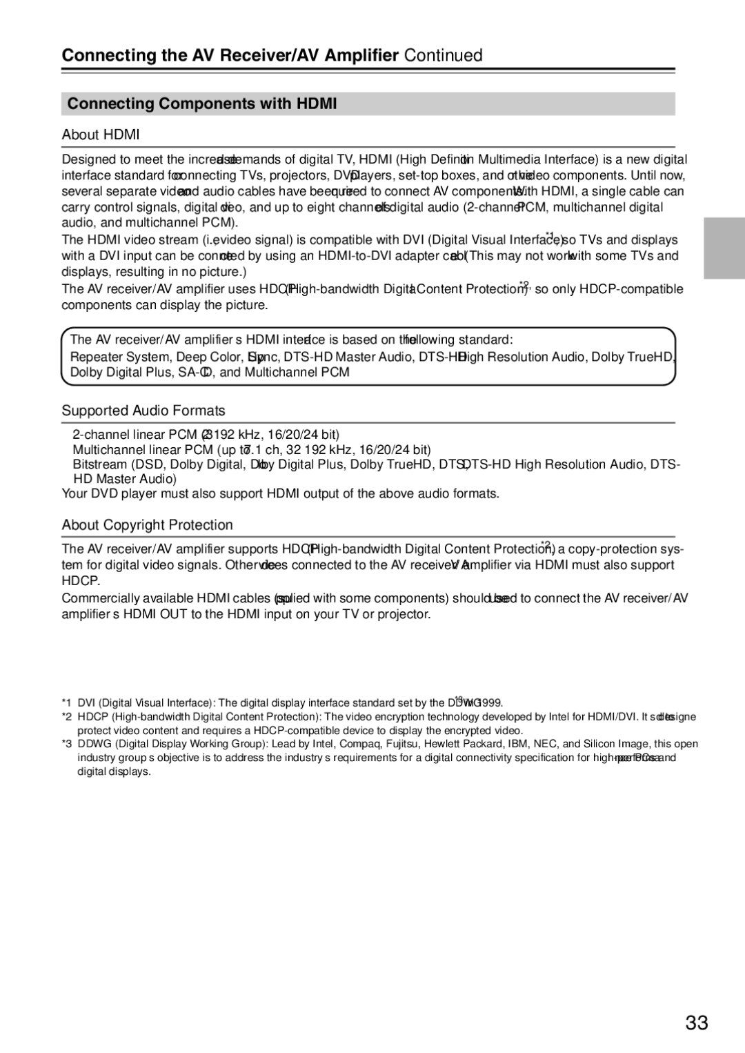 Onkyo TX-SA706 Connecting Components with Hdmi, About Hdmi, Supported Audio Formats, About Copyright Protection 