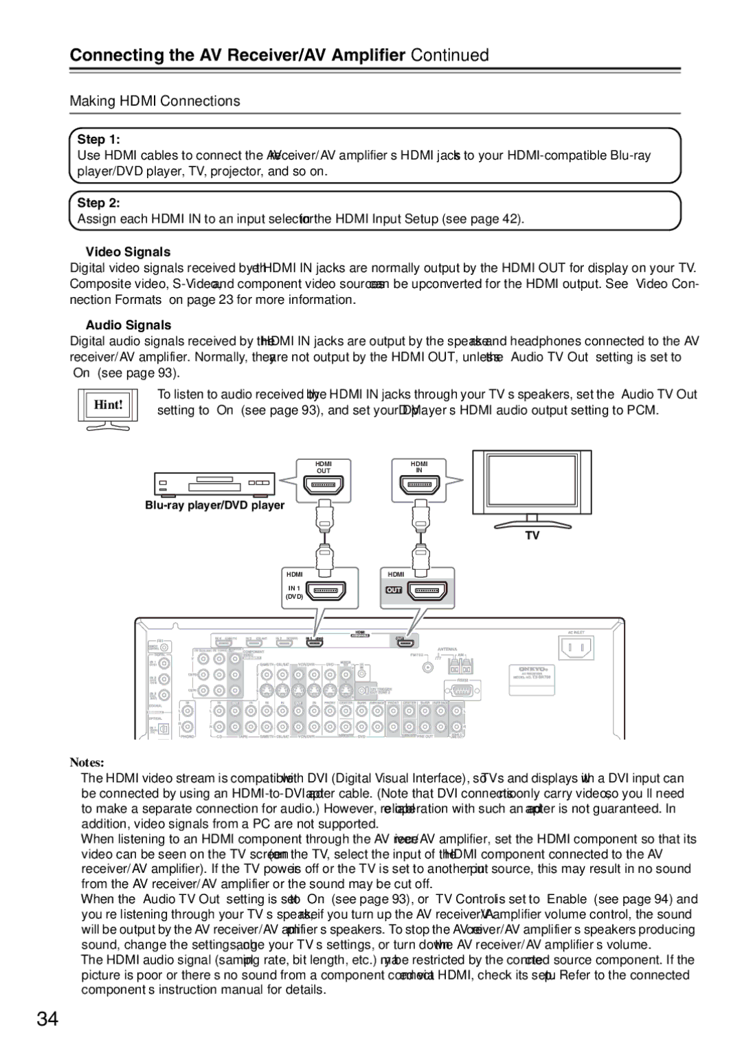 Onkyo TX-SA706 instruction manual Making Hdmi Connections, Step, Video Signals, Audio Signals 