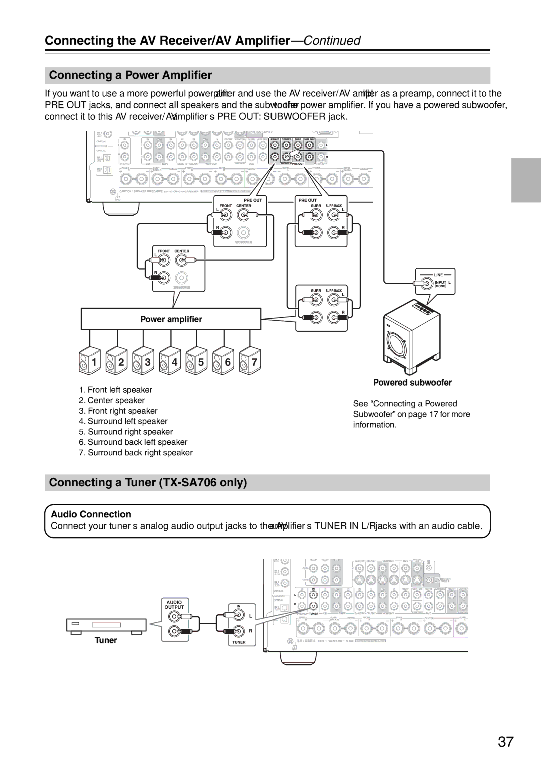 Onkyo instruction manual Connecting a Power Amplifier, Connecting a Tuner TX-SA706 only 