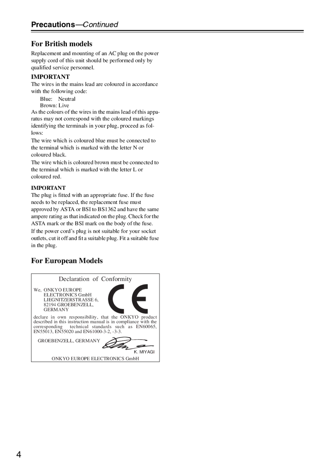 Onkyo TX-SA706 instruction manual Precautions, For British models 