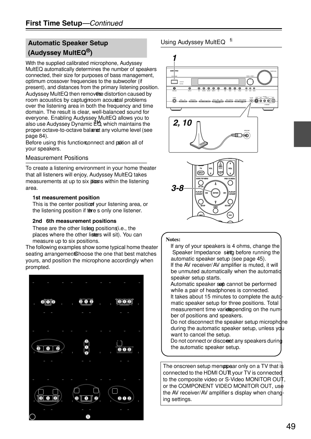 Onkyo TX-SA706 instruction manual Automatic Speaker Setup Audyssey MultEQ, Measurement Positions, Using Audyssey MultEQ 